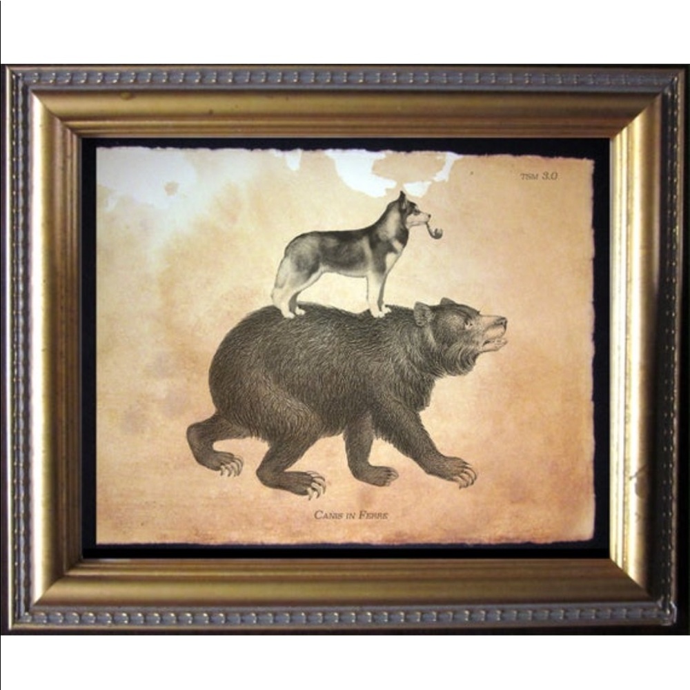 Husky Dog Riding Bear Wall Art Print Tea Stained